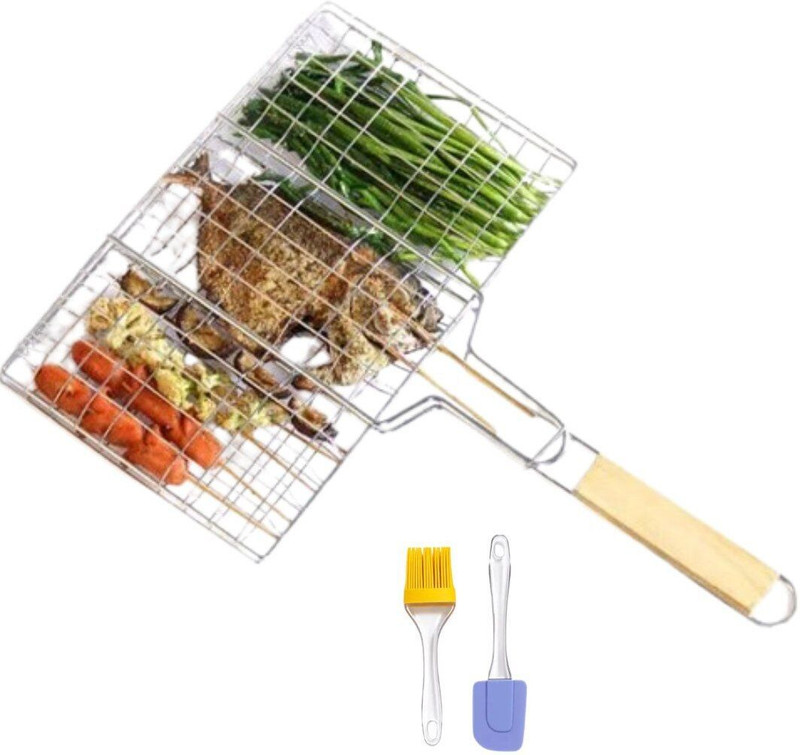 HOT LIFE Portable Steel BBQ Grill Net Basket for Barbecue Fish, Meat, Steak Seafood Grilling Tray Plated Charcoal Grill(Portable, Foldable)