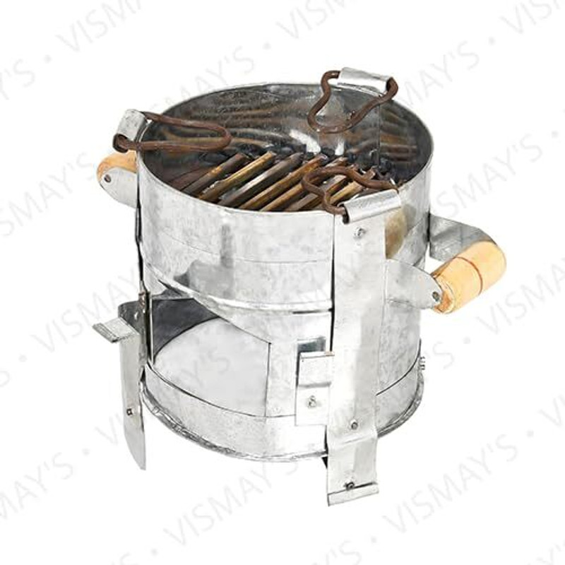 RBY Heavy-Duty Iron Sigdi (Size 27 x 23 CM) Angiti with Strong Stand & Vertical Support Wooden Handle Strong Riveted Rods Chulha Heater Griller Tandoor Stove for Outdoor Cooking with Heavy Chimta Charcoal Grill