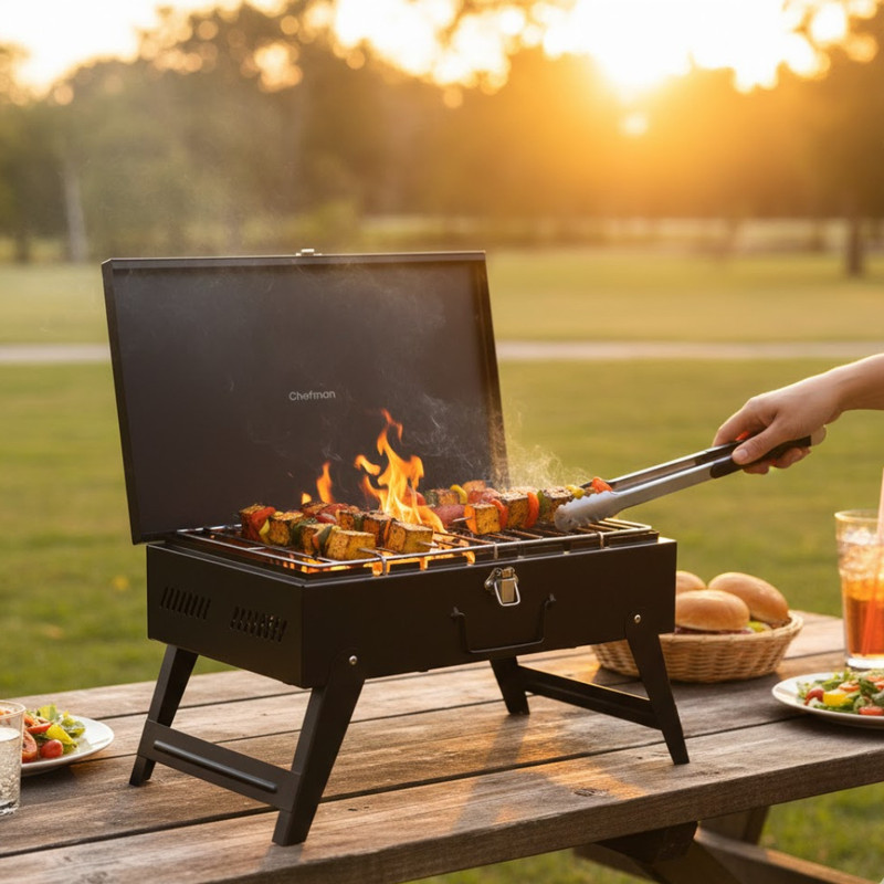 Chefman Portable Charcoal Briefcase BBQ Grill for Outdoor Cooking, Featuring Foldable Legs, Removable Grill Rack, and 4 Skewers, Perfect for Camping, Tailgating, Picnics, and Backyard Barbecues with 5 Skewer Charcoal Grill(Portable, Foldable)