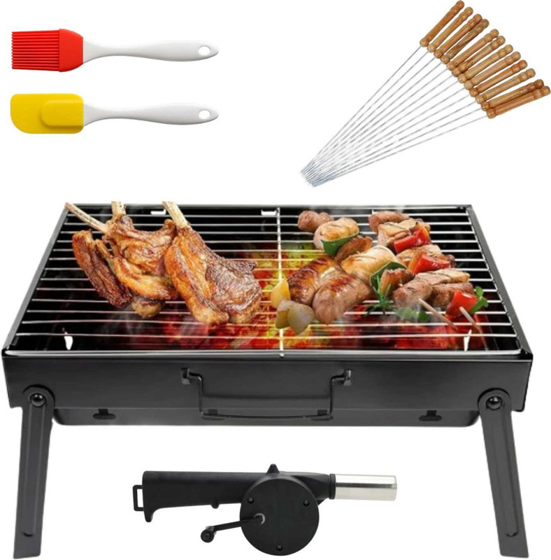 patchio Foldable Charcoal BBQ Grill Set – Portable Outdoor Barbecue with 1 Spatulas, 12 Skewers, 1 BBQ, 1 Air Blower with 12 Skewer Charcoal Grill(Portable, Foldable)