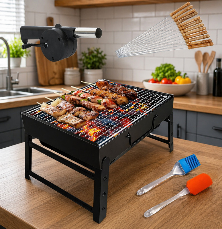 patchio Briefcase Style Folding Compact Picnic Barbeque with 12 Skewer Charcoal Grill(Portable, Foldable)