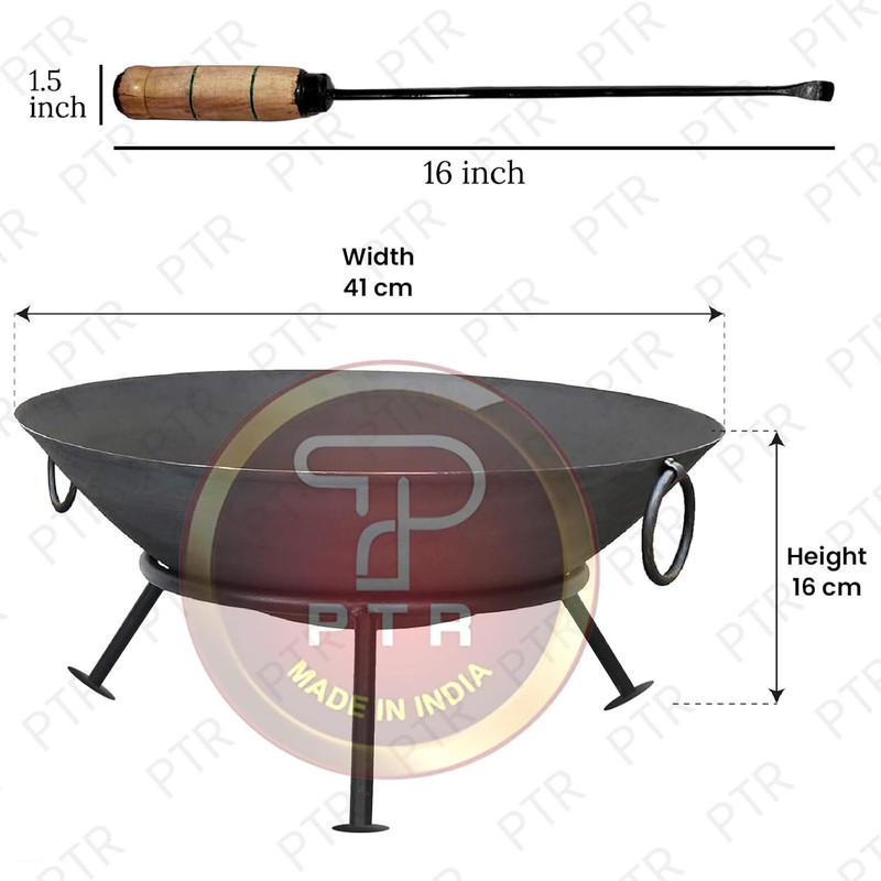Ptr Campfire Iron Bowl 42" Poker 52" & Stand 11" Camping BBQ Outdoor Party Flint Fire Starter