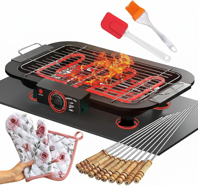 Wopix Electric BBQ Grill for Home with Gloves & 2 Oil Brush | Smokeless Tandoori Maker with 12 Skewer Electric Grill(Portable)