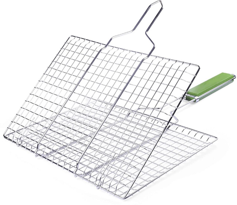 DHULKI Grilling Basket Non-Stick Barbecue Basket Heavy Duty BBQ Tools Grill Basket for Meats Fish Vegetables Steak' with 1 Skewer Charcoal Grill(Portable, Foldable)