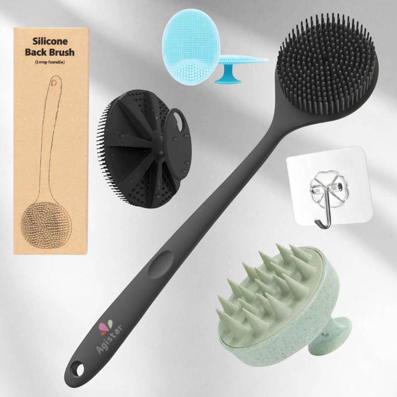 Primewell Long Handle Silicone Back Brush Exfoliating Shower Scrubber Set 5 186