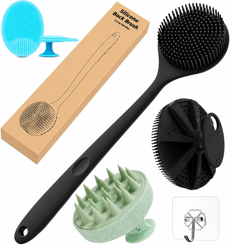 MODRTH Silicone Shower Bath Back Brush Combo with Body & Face Scrubber + Free Wall Hook