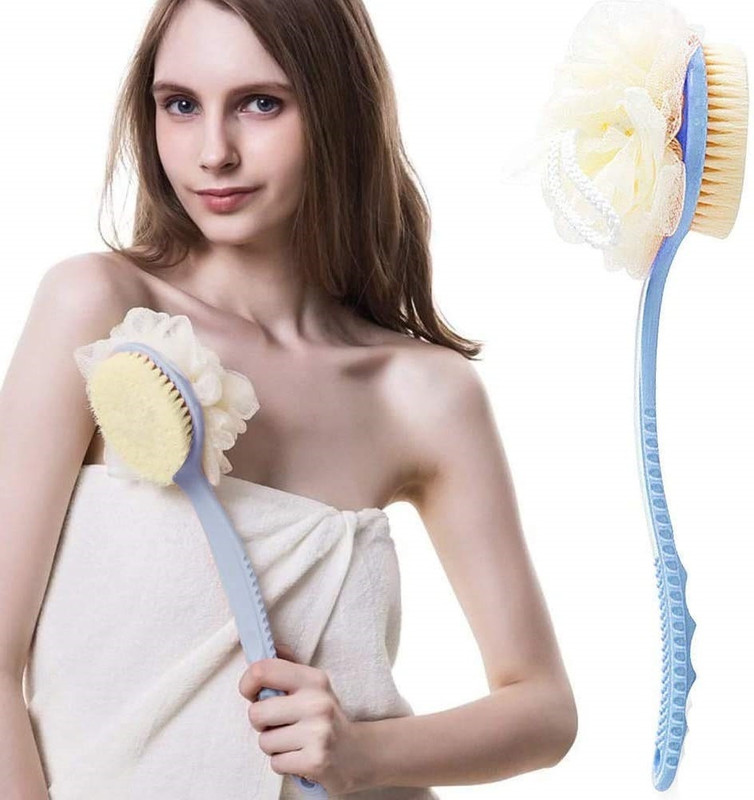 Masox Store 2-in-1 Bath Sponge Dourable Side Back Scrubber Brush Sponge With Handle L-142