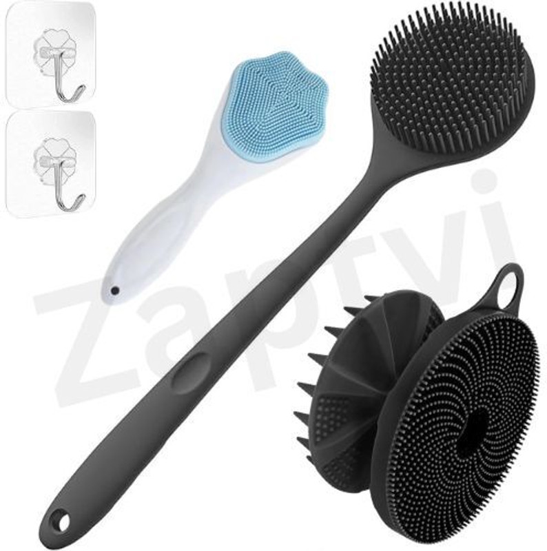 ZAPTVI Silicone Bath Body Brush Long Handle Back Scrubber Set