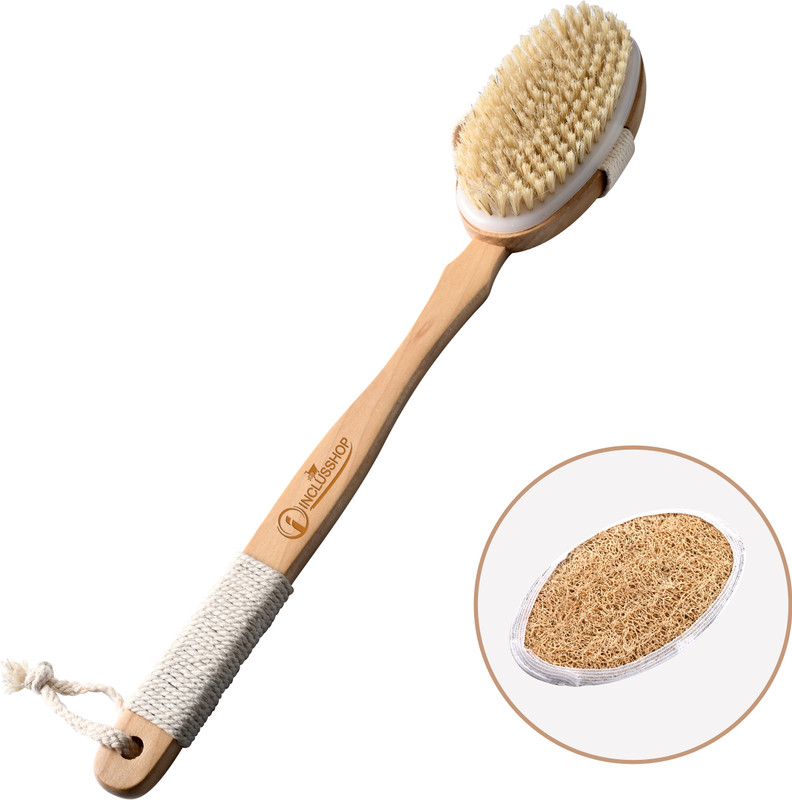 INCLUSSHOP Detachable Wooden Bath Brush with Long Handle Bath Brushing With Loofah Pad