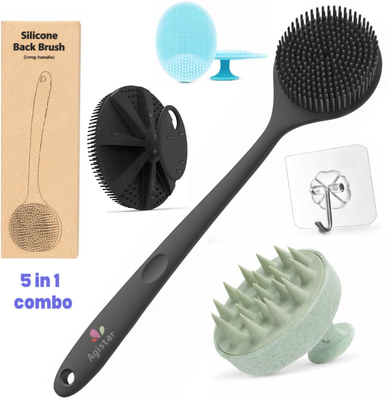 Agistar Silicon Shower Bath Back Brush+Body Scrubber+Scalp Massager+Face Scrubber+Hooks