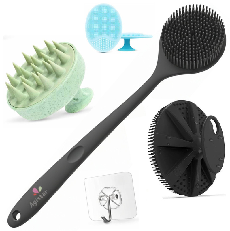 Agistar Silicone Bath Scrubber 5 in 1 Back Brush Body Exfoliating Scalp Face Cleaner Set