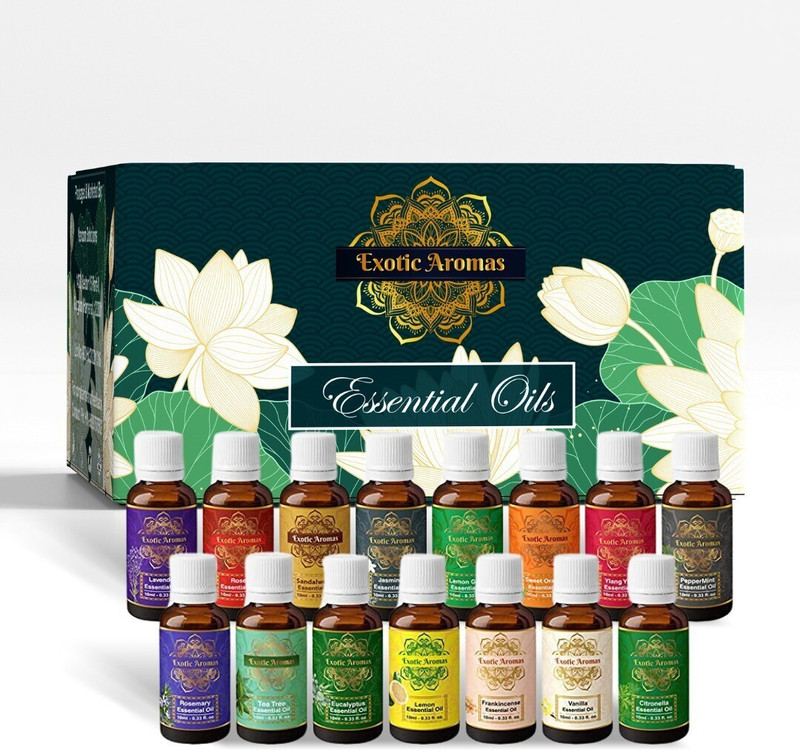 Exotic Aromas Essential Oil Pack of 9, Lavender, Rose, Tea Tree, Jasmine, Peppermint, Rosemary(90 ml)