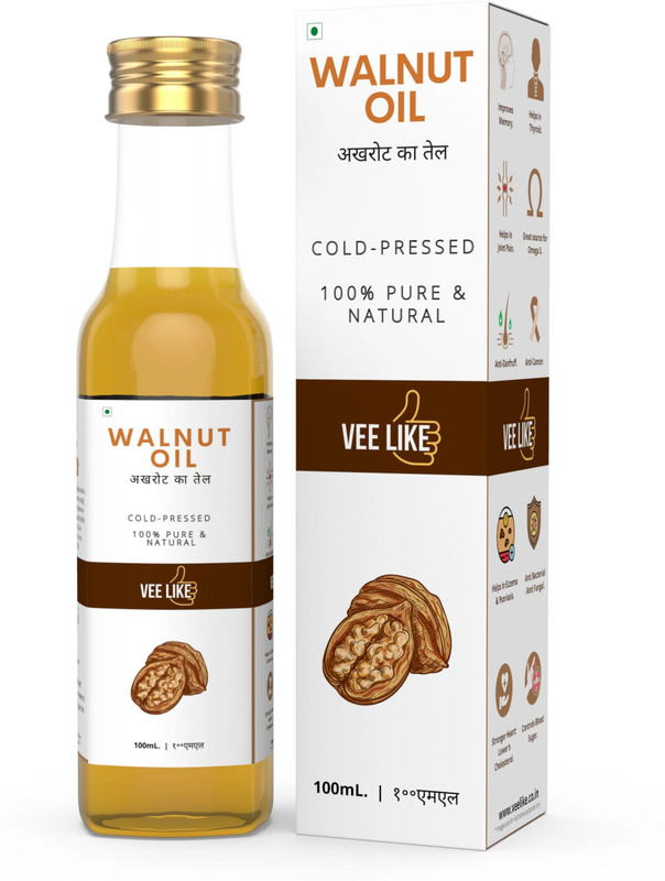 VEE LIKE Extra Virgin - Walnut Oil / Akhrot Ka Tail - Cold Pressed - 100% Pure & Natural - for Skin, Hair, , Massage, Cooking, Eating(100 ml)