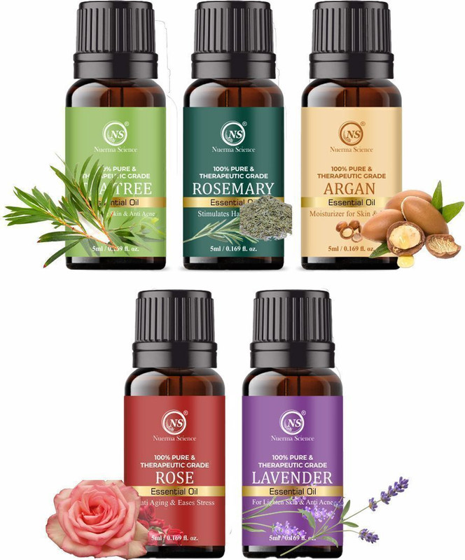 Nuerma Science Combo Essential oil Pack of 5, Tea Tree| Rosemary| Argan| Rose| Lavenderl(25 ml)
