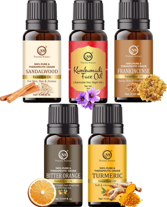 Nuerma Science Kumkumadi | Turmeric | Chandan| Bitter Orange| Frankincense Essential Oil Pack 5(25 ml)