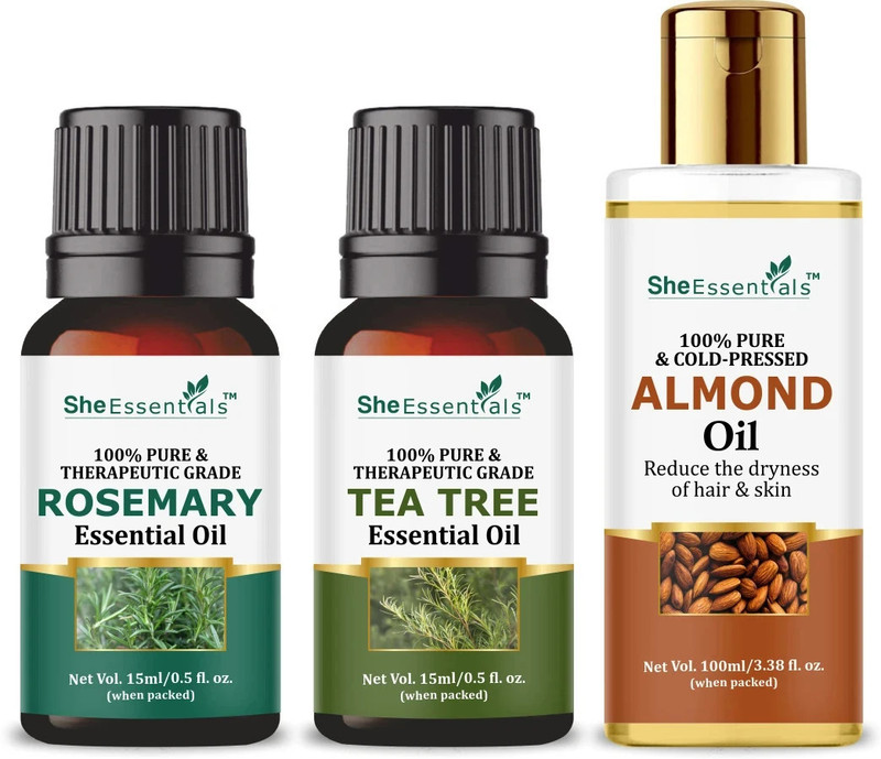 She Essentials Rosemary Essential Oil | Tea Tree | Almond Carrier Oil for Hair, Skin(130 ml)