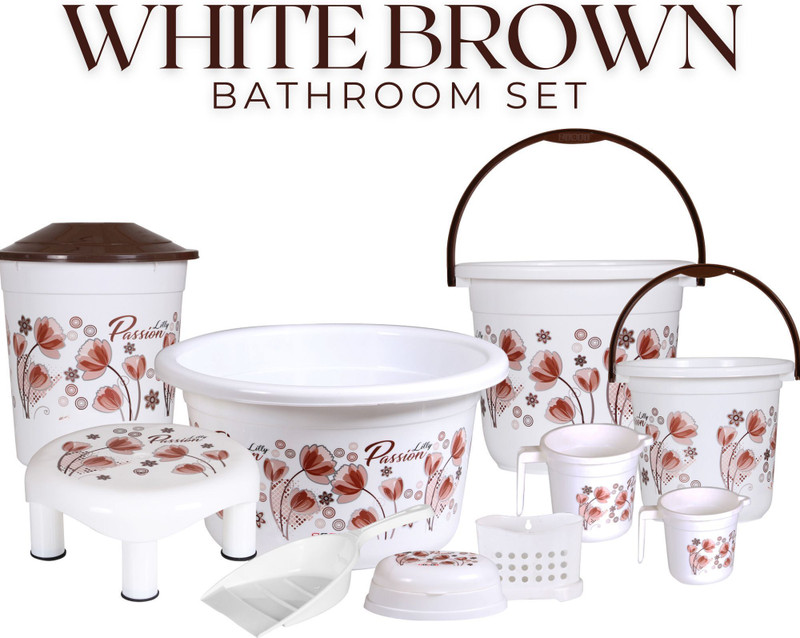 Goodwill Tech 10 in 1 Bucket Set Virgin Plastic-Strong, Durable & Everyday Essential for Home, Baby Bath Seat(White - Brown, Queen)