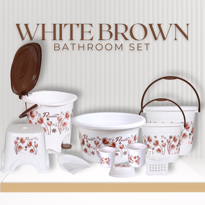 Goodwill Tech All-in-One Plastic Bathroom Essentials Set – 10 Pieces | Perfect for Daily Use Baby Bath Seat(White - Brown)