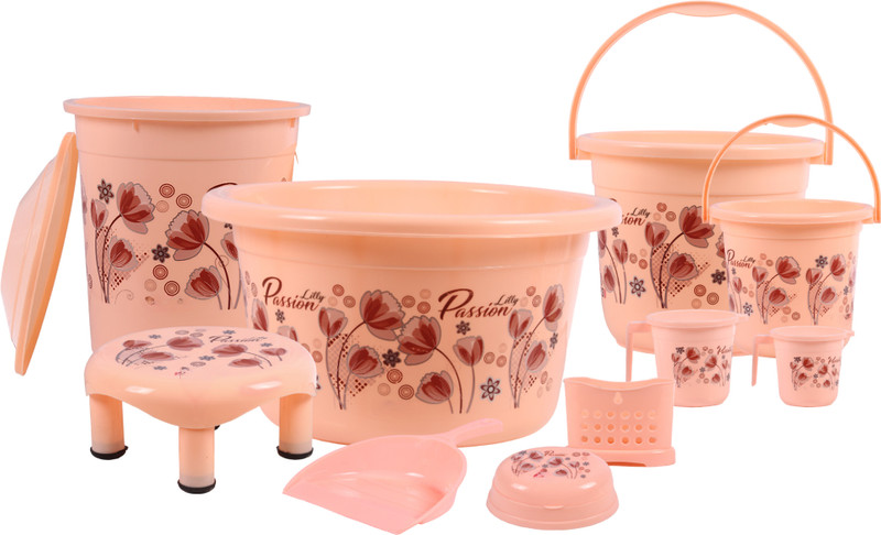 Goodwill Tech Smart Choice 10 in 1 Bucket Set | Easy-to-Clean, Perfect for Families, New Home, Baby Bath Seat(Peach - Queen)