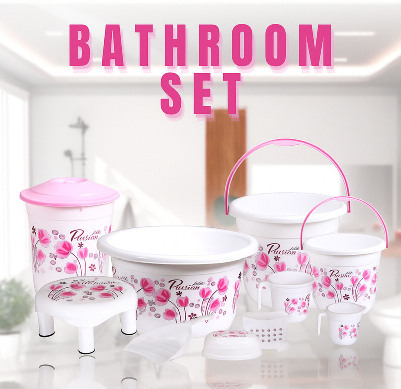 Goodwill Tech Durable & Strong Plastic Bathroom Set 10 in 1 | Unbreakable, Multipurpose Use Baby Bath Seat(White - Pink, Queen)