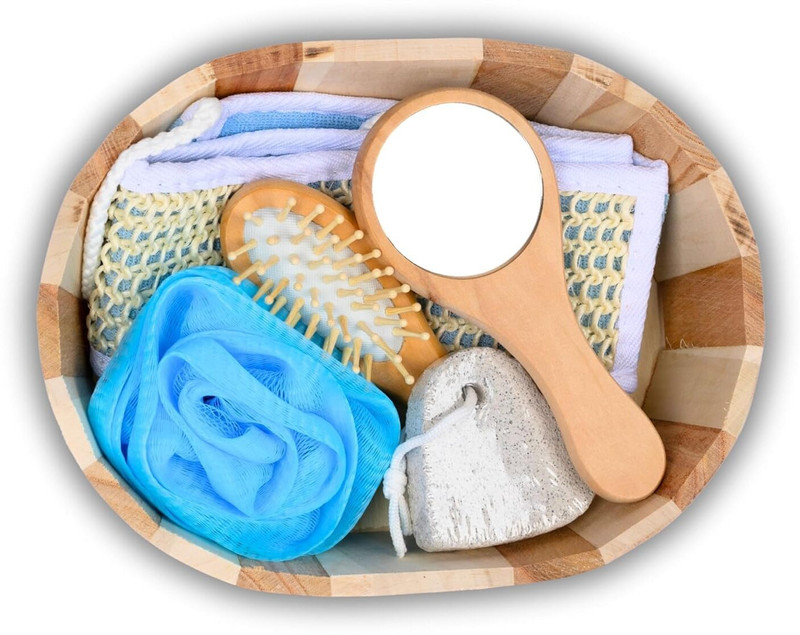 COSKIRA Round 6 in 1 Wooden Basket, Bath Spa Gifts for Women, Back Scrubber for Shower,