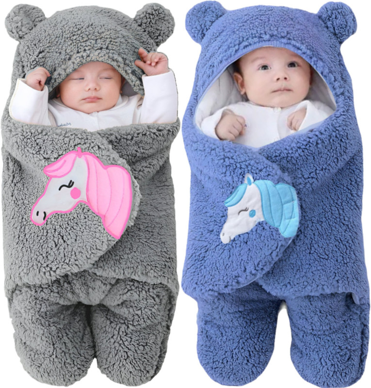 BRANDONN Embroidered Single Hooded Baby Blanket for  AC Room(Microfiber, Turquoise Blue, Grey)