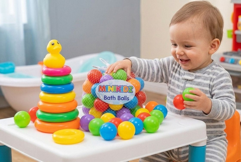 MINIKIDZ Baby Premium Multicolour 12 Balls and stacking 7 rings toy for Kids Pool Pit/Ocean Ball Without Sharp Edges Soft Balls for Toddler Play Tents & Tunnels Indoor & Outdoor Bath Toy (Multicolor) Bath Toy(Multicolor)