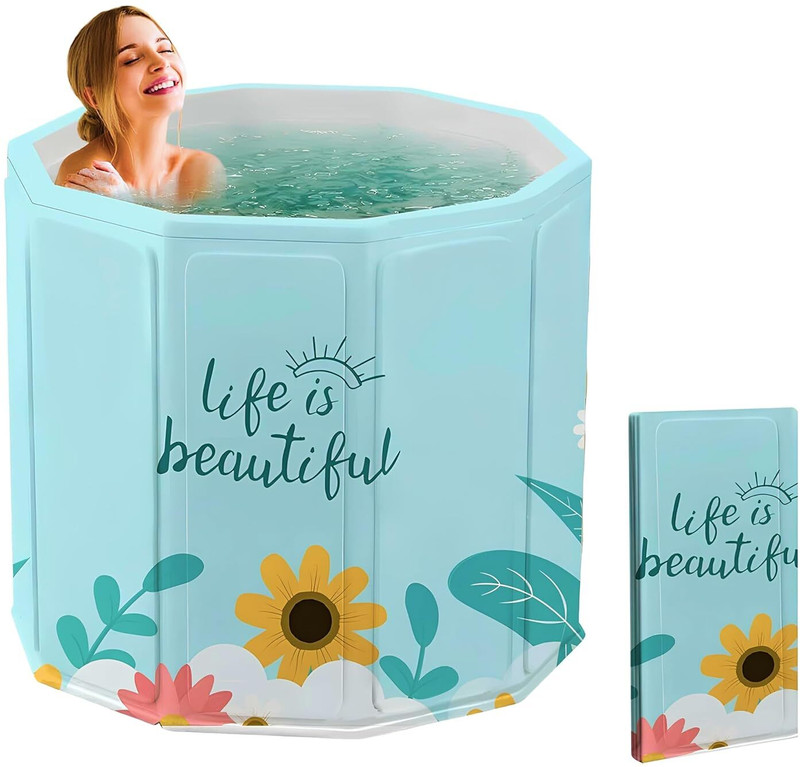 crega Adult Folding Bathtub Portable Soaking Tub, Collapsible Family SPA(Round Sky blue)