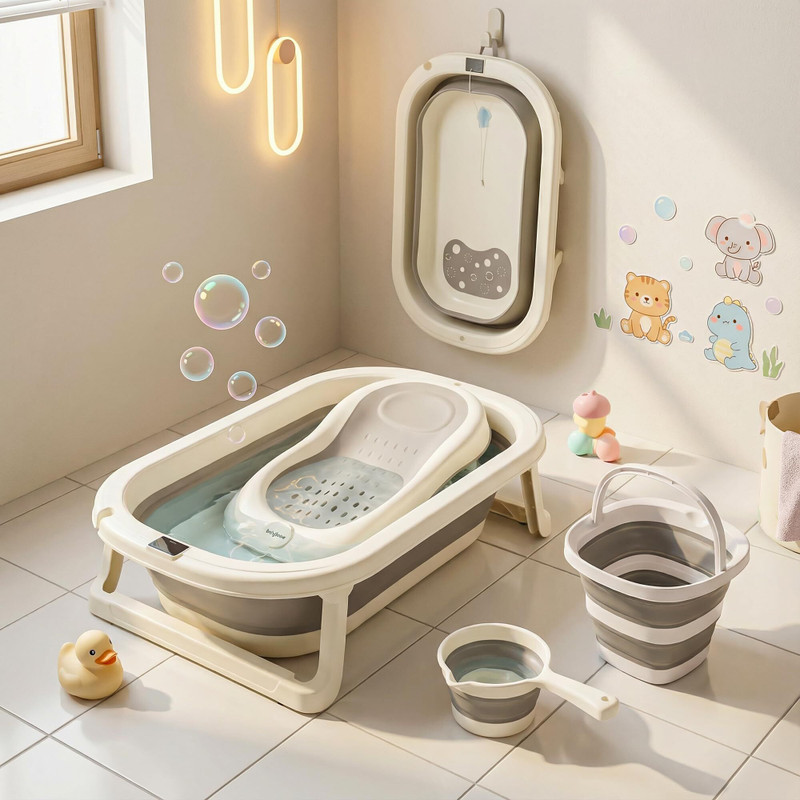 baybee Aquabee Foldable Baby Bath Tub for Kids 0 to 3 Years with Temperature Sensing(Grey)