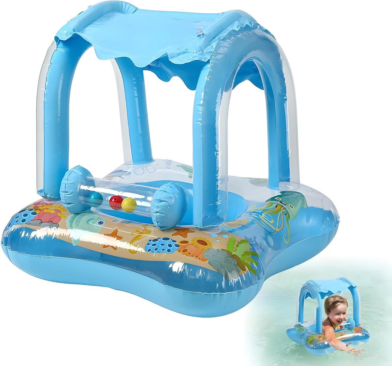 Breewell Baby Boat Swimming Ring with Sunshade, Inflatable Baby Float, Safe Swim Canopy Swim Floatation Belt