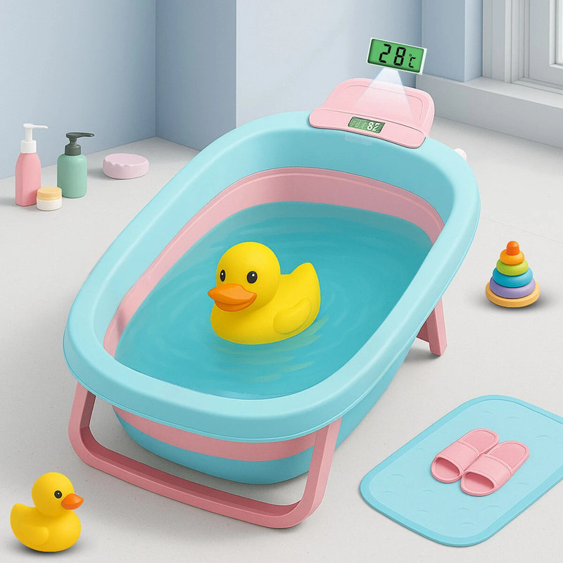 Little Olive Baby Bath Tub with Temperature Display | Foldable & Anti-Slip Design | 0-3 Years(Pink & Blue)