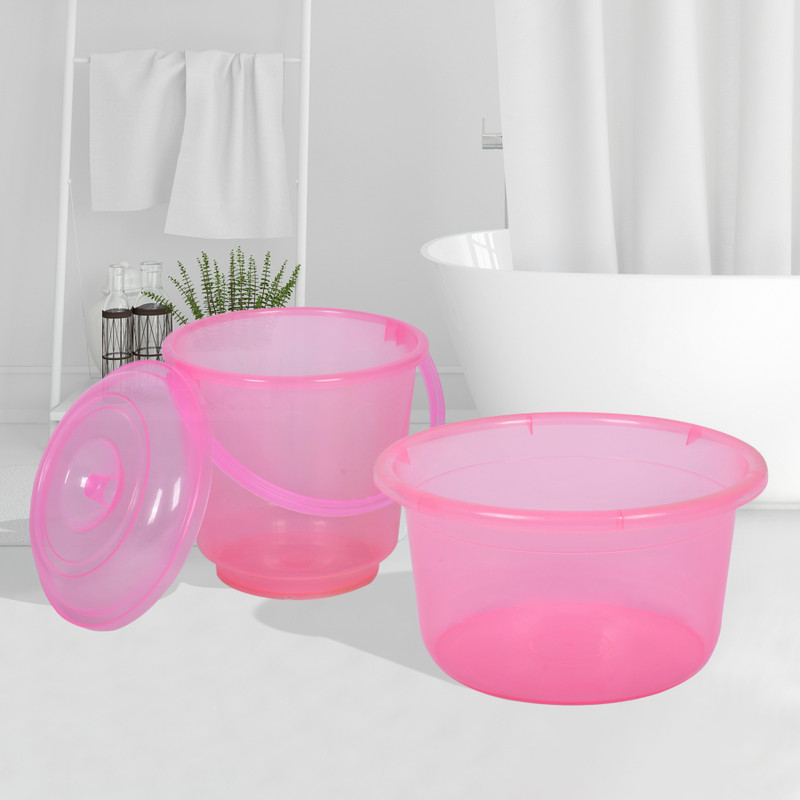 KUBER INDUSTRIES Tub & Bucket Bathroom Combo Set|Set of 2|Transparent Pink(Transparent Pink)