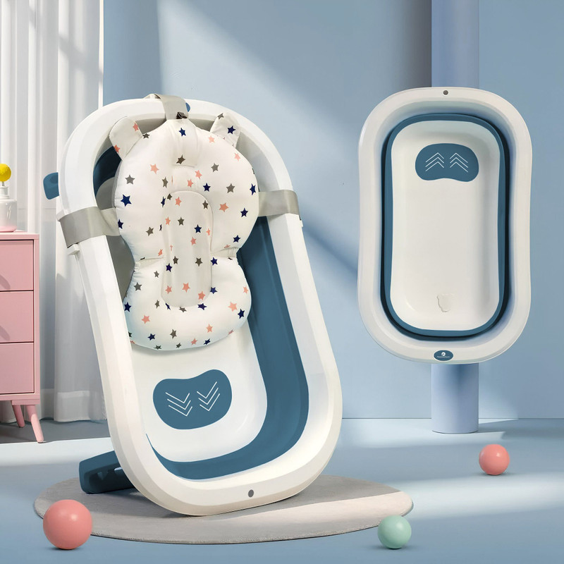 StarAndDaisy Foldable Infant Bath Tub with cushion, Newborn Toddler Bathing Support(DarkBlue & White)
