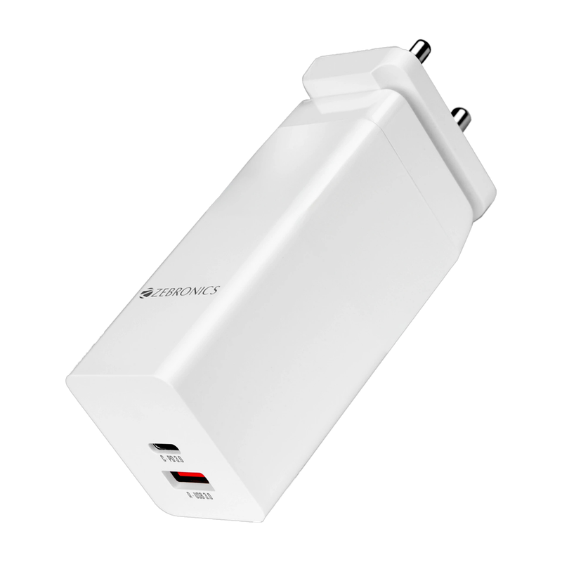 ZEBRONICS 100 W GaN 2.4 A Dual Port Mobile Charger with Detachable Cable(White)