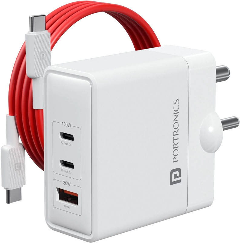 Portronics 100 W GaN 3 A 3 Port Tablet Charger with Detachable Cable(White, Cable Included)