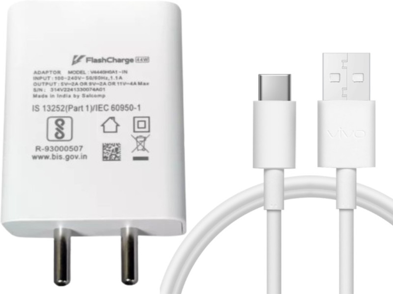 AKCOIZ 44 W Quick Charge 4 A Wall Charger for Mobile with Detachable Cable(Compatible for vivo Y75 4G, Y18i, Y400 5G, Y31, Y100A, White, Cable Included)