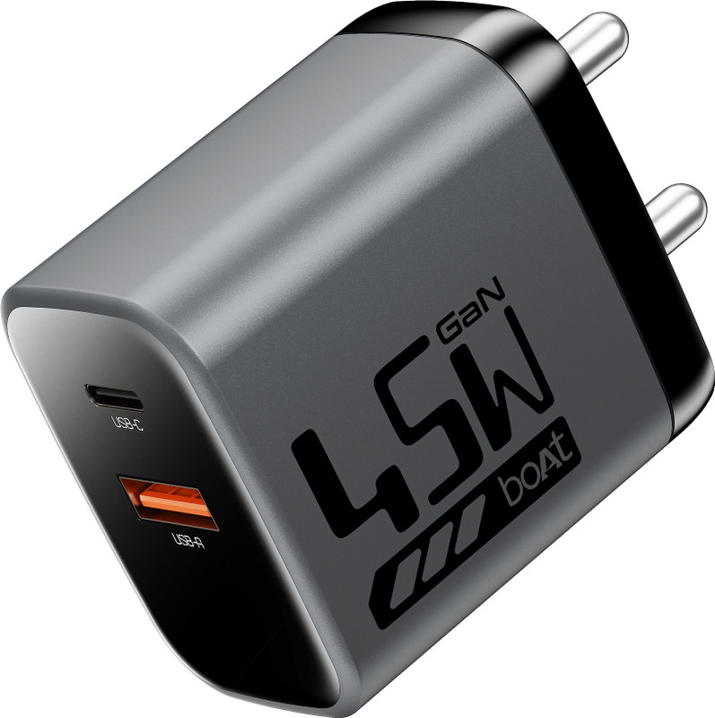 boAt 45 W GaN 3 A Wall Charger for Mobile with Detachable Cable(Ash Grey)