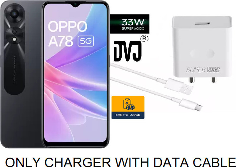DVJ 33 W SuperVOOC Wall Charger for Mobile with Detachable Cable(33W VOOC CHARGER WITH TYPE C DATA CABLE FOR OPPO A78 / A78 5G..., Cable Included)