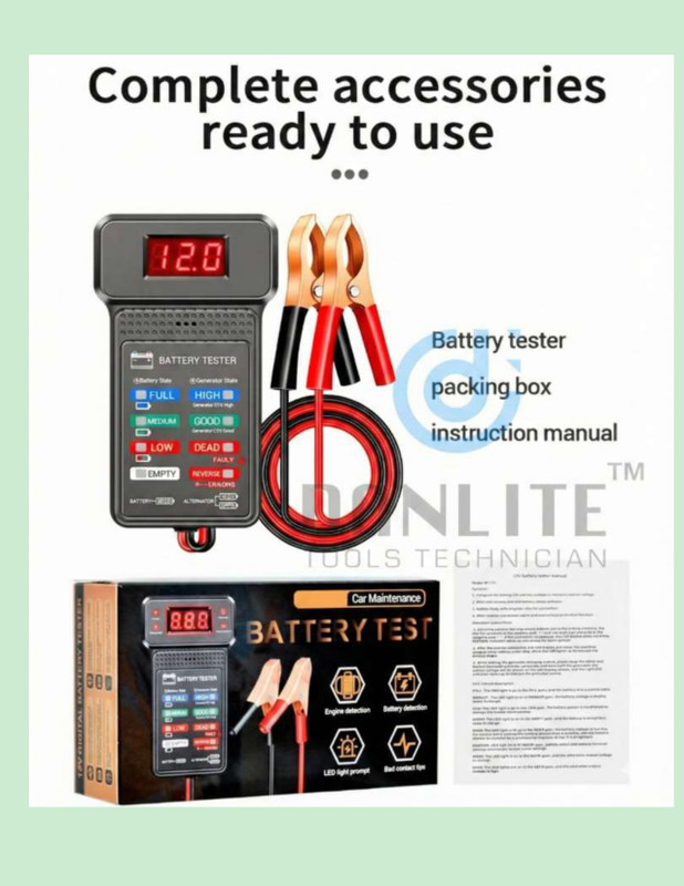 Danlite 12V Car Battery Tester with LED Display & Heavy Clips Digital Battery Tester
