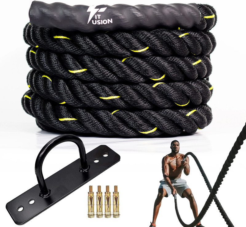 Fit Fusion Polyester Battle Rope with Anchor Strap WallMount for Gym,Home Battle Rope(Length: 30 ft, Weight: 7 kg, Thickness: 1.5 inch)