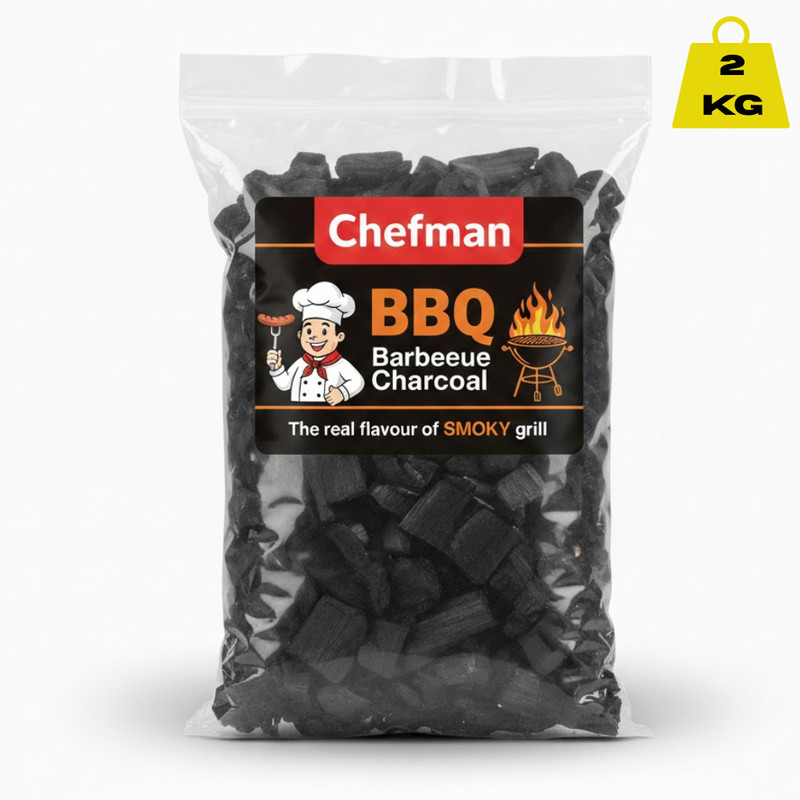 Chefman BBQ Hardwood Lump Charcoal 2 KG Premium Natural Wood Coal | Perfect for Grill, Tandoor & Hookah | Low Ash, Long Burning, High Heat Fuel with 0 Skewer Charcoal Grill(Portable)