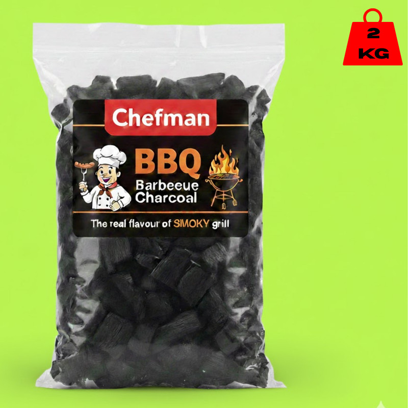 Chefman BBQ Natural Wood Charcoal 2 KG for Tandoor, Grill & Hookah | Premium Hardwood Lump Charcoal | Long Lasting, High Heat Output, Low Ash, Eco-Friendly Fuel with 0 Skewer Charcoal Grill(Portable)