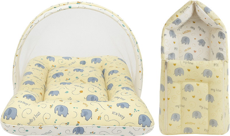 Funtus New Born Baby Bed With Mosquito Net & Sleeping Bag Standard Crib(Fabric, Yellow)