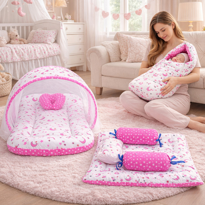 Fareto Cotton Baby Bed Sized Bedding Set(Pink, White, 1 MATRESS WITH NET, 1 SLEEPING BAG, 1 4PCS-SET, 2 LOTTAN, 1 SQUARE PILLOW, 1 U-SHAPE PILLOW)