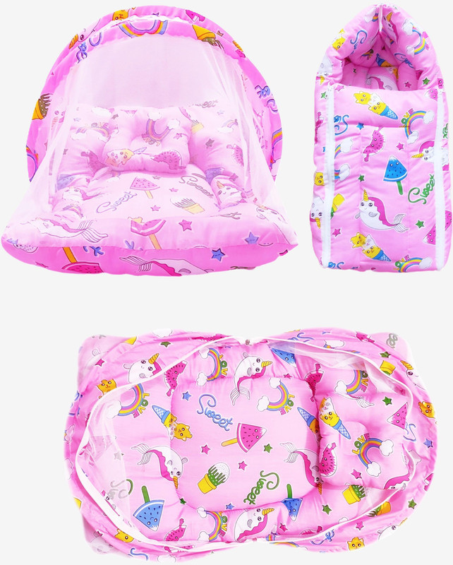 First Vision Cotton Baby Bed Sized Bedding Set(Pink, 1 Sleeping Bag, 1 Mosquito Net)