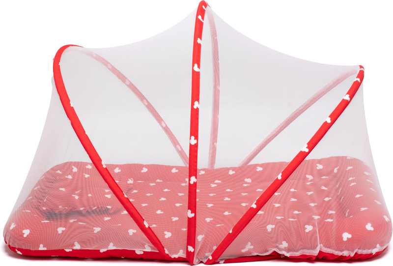 TIDY SLEEP Cotton Baby Bed Sized Bedding Set(Red, 1 Mattress, 1 Net, 1 U Pillow)