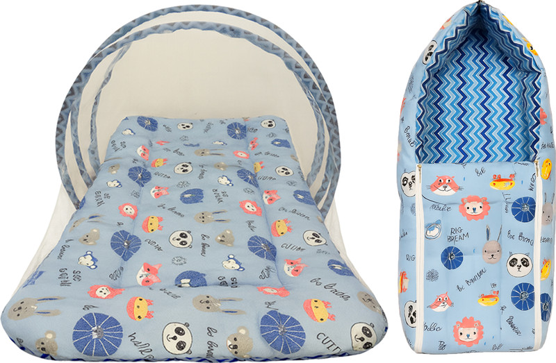 Funtus New Born Baby Bed With Mosquito Net & Sleeping Bag Standard Crib(Fabric, Blue)