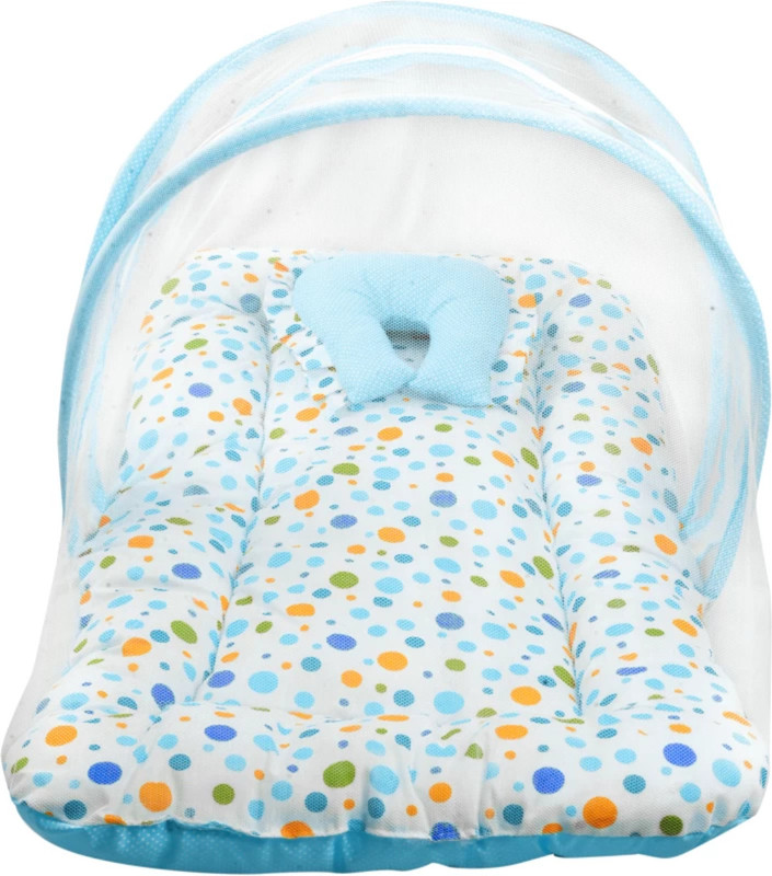 kidzon Cotton Baby Bed Sized Bedding Set(Sky Blue & White, 1 Mattress With Mosquito Net, 1 Pillow)