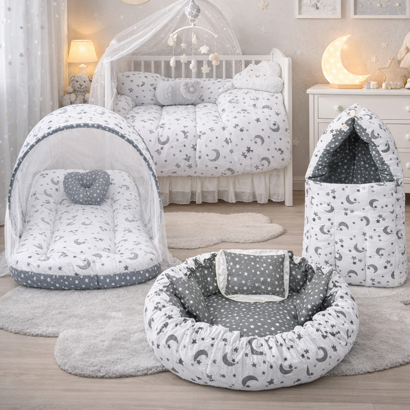 Miss & Chief by Flipkart Cotton Baby Bed Sized Bedding Set(Multicolor, 1 Mattress With Net, 1 Pillow, 1 Carry Bag, 1 Baby Nest With 2 Heart & 1 Pillow)