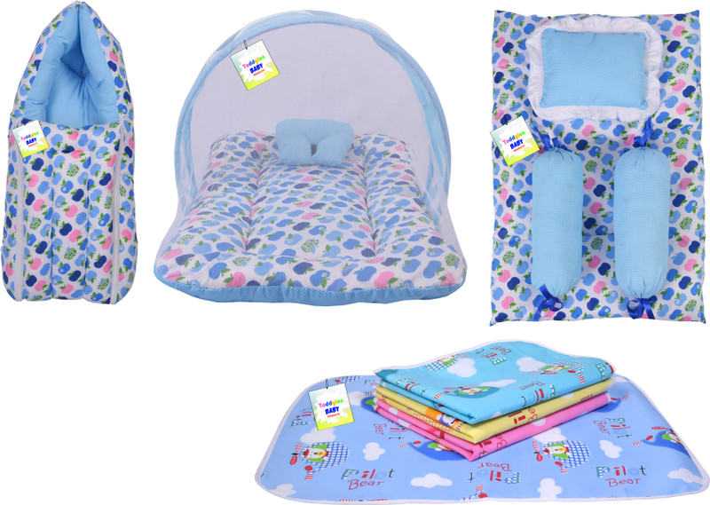Toddylon Cotton Baby Bed Sized Bedding Set(Blue, 1 baby mosquito netbed, 1 baby sleeping bag, 1 Baby Bed, 4 pcs Bed protector)